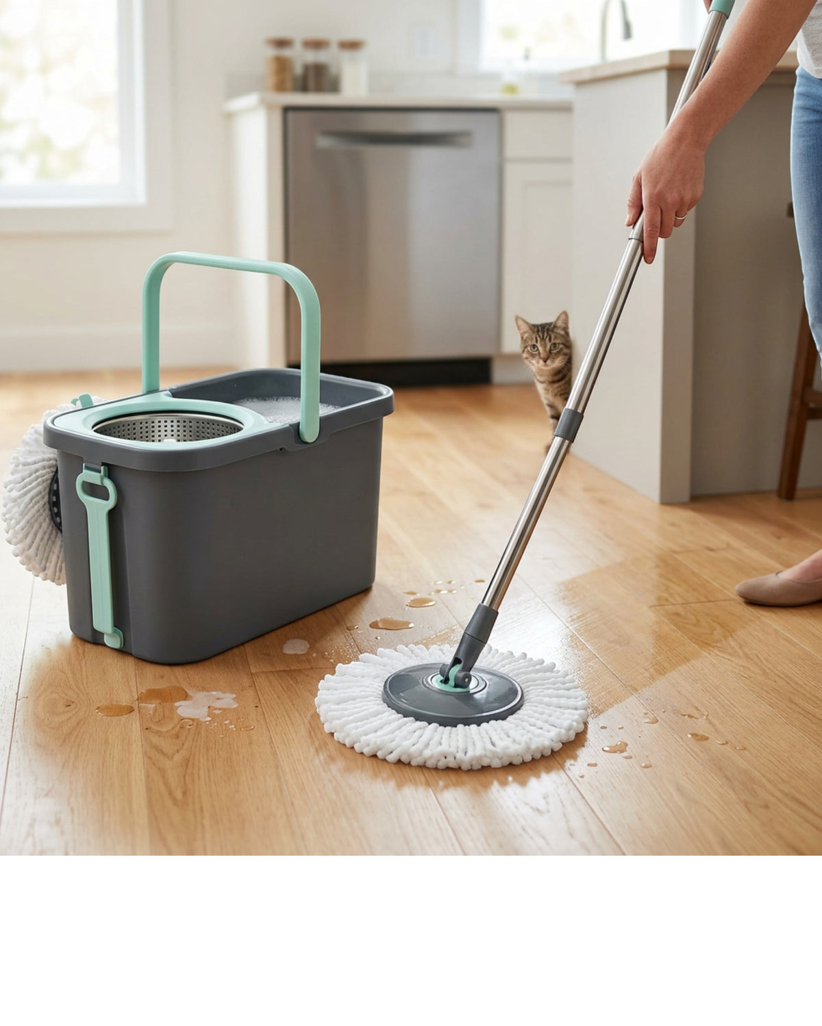 Foem Dual-Chamber Spin Mop and Bucket Set Graphite Mint - Lifestyle view